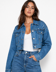 Cropped Rhinestone Denim Jacket