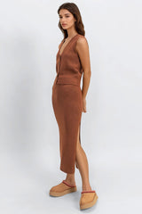 Button-Front Vest & Maxi Skirt Sweater Set