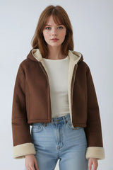 Faux Suede Cropped Hooded Jacket