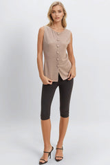 Rib-Knit Button-Front Sleeveless Top