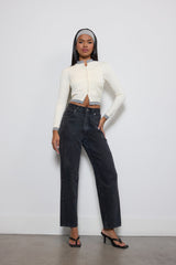 Contrast-Trim Cropped Cardigan Sweater