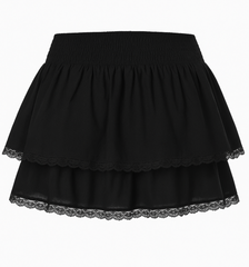 Tiered Twill Lace-Trim Mini Skirt