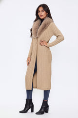 Faux Fur-Collar Cable Knit Longline Cardigan