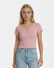 Ribbed Lettuce-Edge Henley Tee