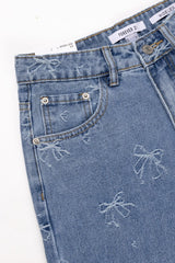 Embroidered Bow Print Wide-Leg Jeans