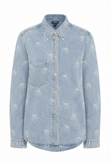 Embroidered Bow Print Oversized Denim Shirt