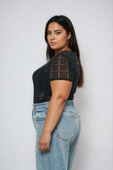 Plus Size Geometric Pattern Mesh Bodysuit