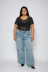 Plus Size Geometric Pattern Mesh Bodysuit