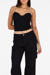 Crepe Rhinestone-Strap Bustier Top