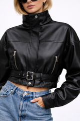 Faux Leather Belted Cropped Jacket