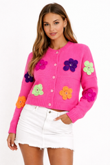 Floral Appliqué Knit Cardigan Sweater