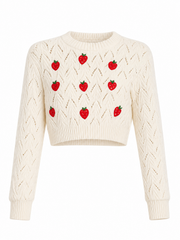 Embroidered Strawberry Cropped Pointelle Sweater
