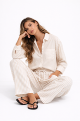 Striped Long Sleeve Shirt and Wide Leg Pants Set