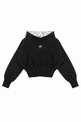 Cropped Lace-Lined Hood & Embroidered-Bow Hoodie
