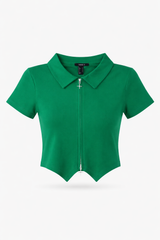 Double Zip Front Short Sleeve Collared Top
