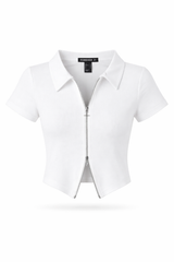 Double Zip Front Short Sleeve Collared Top