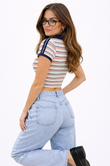 Striped Collared Short Sleeve Top