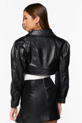 Faux Leather Cropped Trucker Jacket