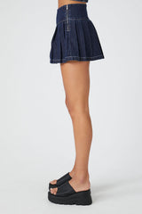 Striped Pleated Denim Mini Skirt