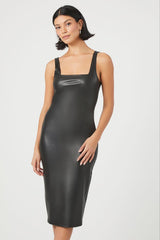 Faux Leather Slit Midi Dress