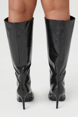 Pointed Faux Croc Stiletto Boots (Wide)