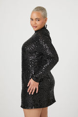 Plus Size Sequin Long-Sleeve Mini Dress