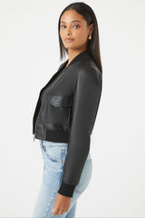 Faux Leather Cropped Bomber Jacket