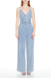 Denim Surplice Wide-Leg Jumpsuit