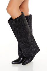 Rhinestone Knee-High Wedge Boots
