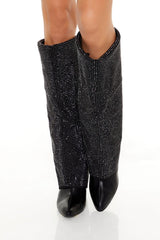 Rhinestone Knee-High Wedge Boots