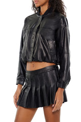 Faux Leather Cropped Bomber Jacker