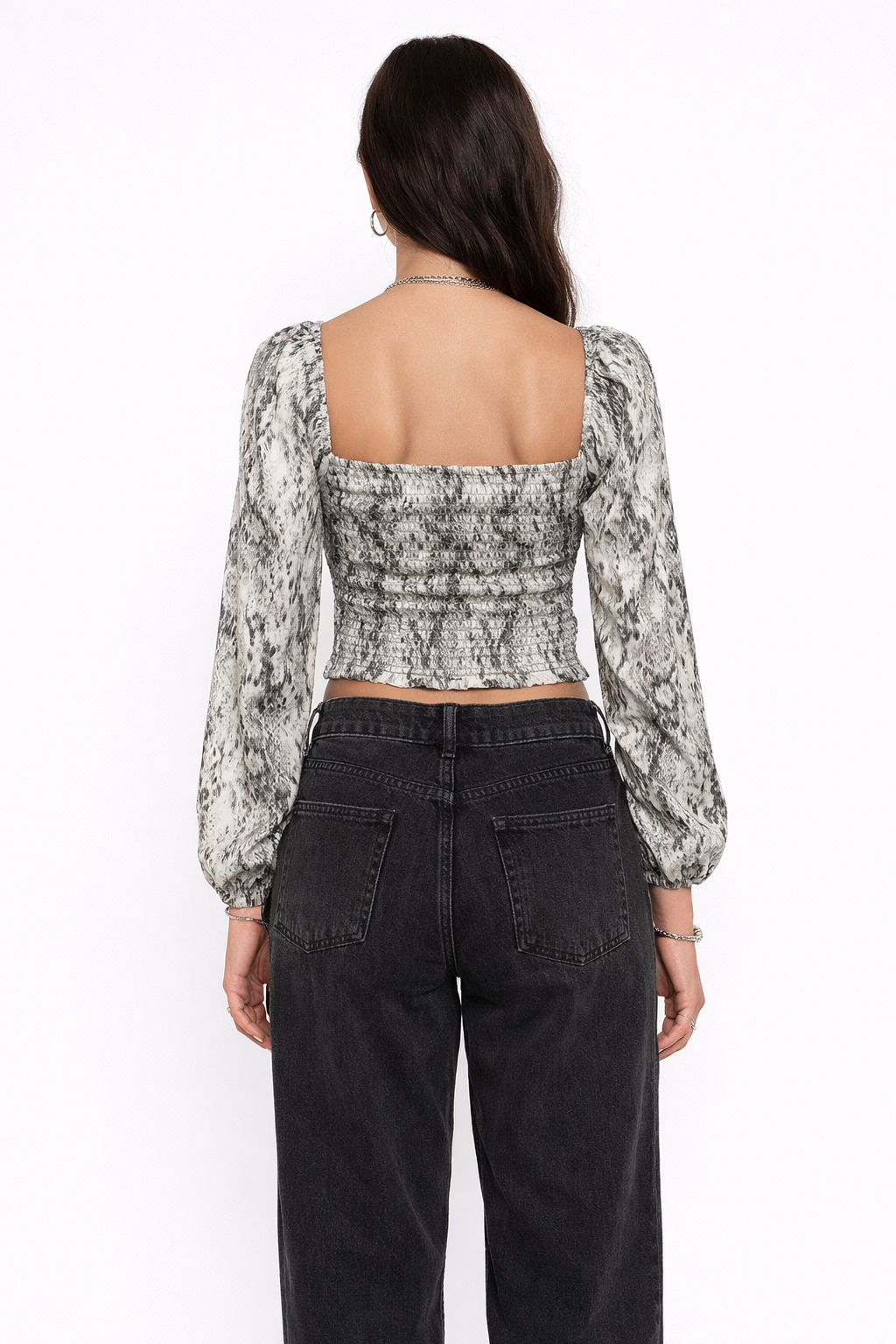 Snake Print Smocked Peasant Top