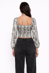 Snake Print Smocked Peasant Top