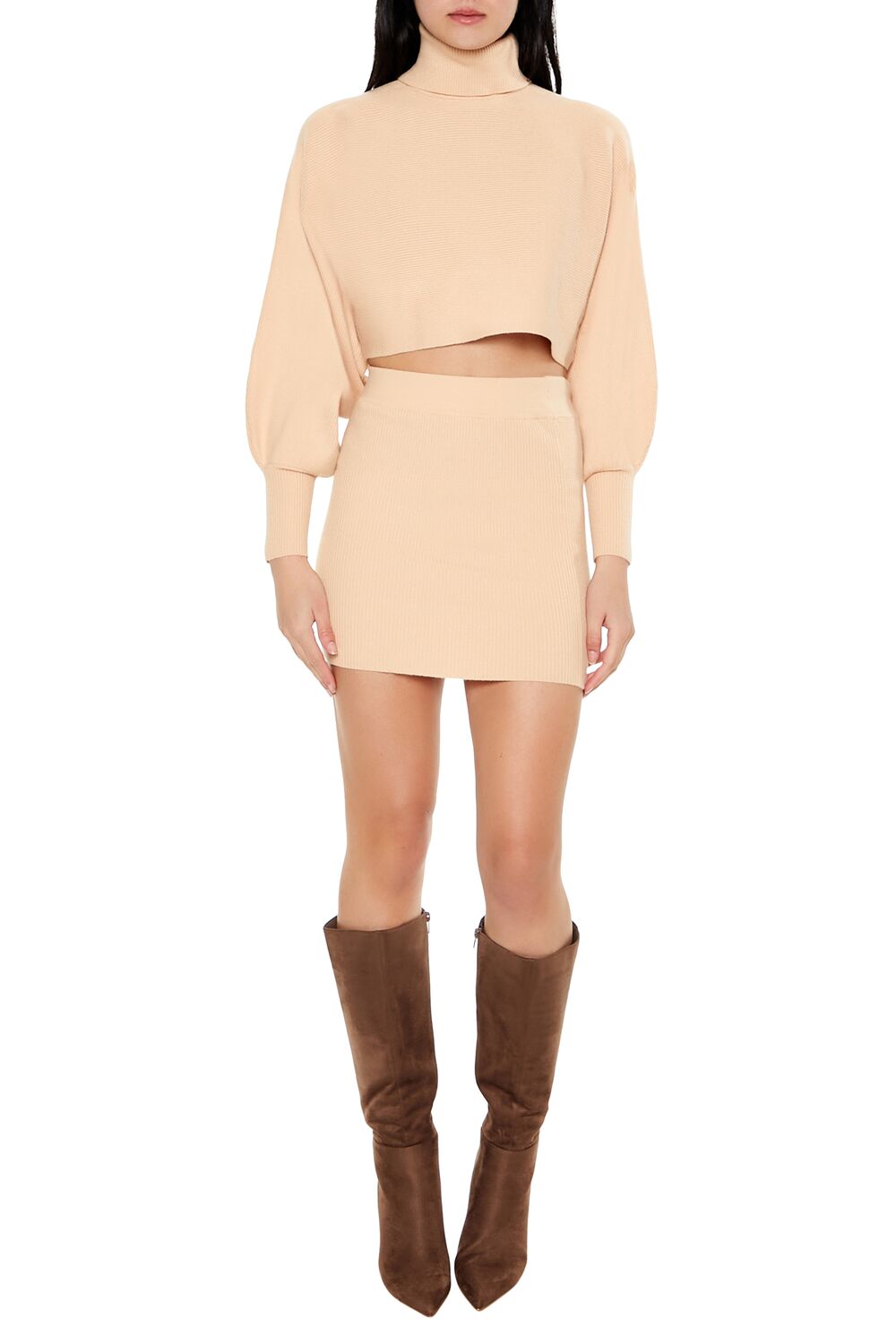 Sweater-Knit Turtleneck Top & Skirt Set