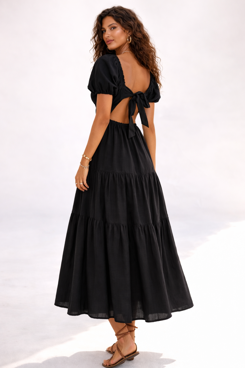 Tiered Puff-Sleeve Maxi Dress