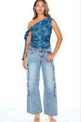 Denim Print Off-the-Shoulder Top