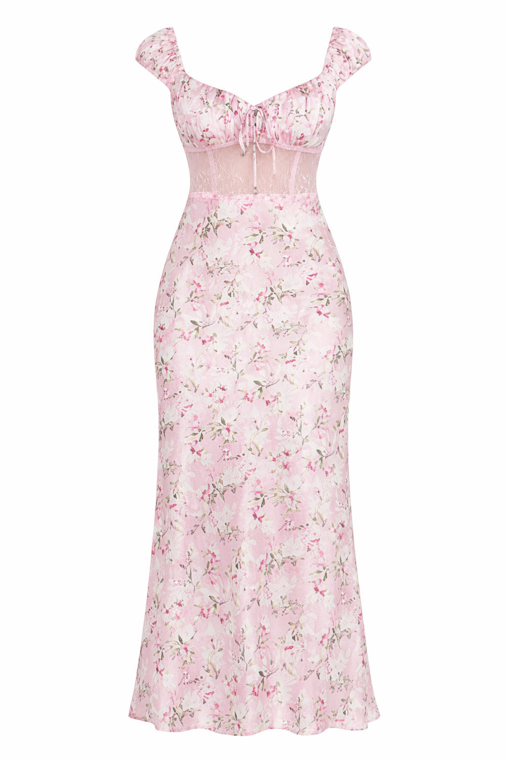 Lace-Trim Satin Floral Maxi Dress