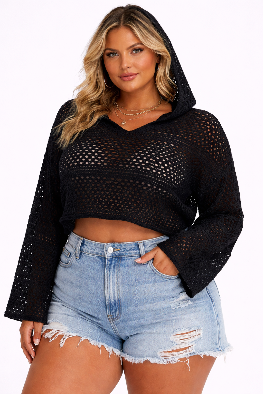 Plus Size Cropped Hooded Open-Knit Sweater