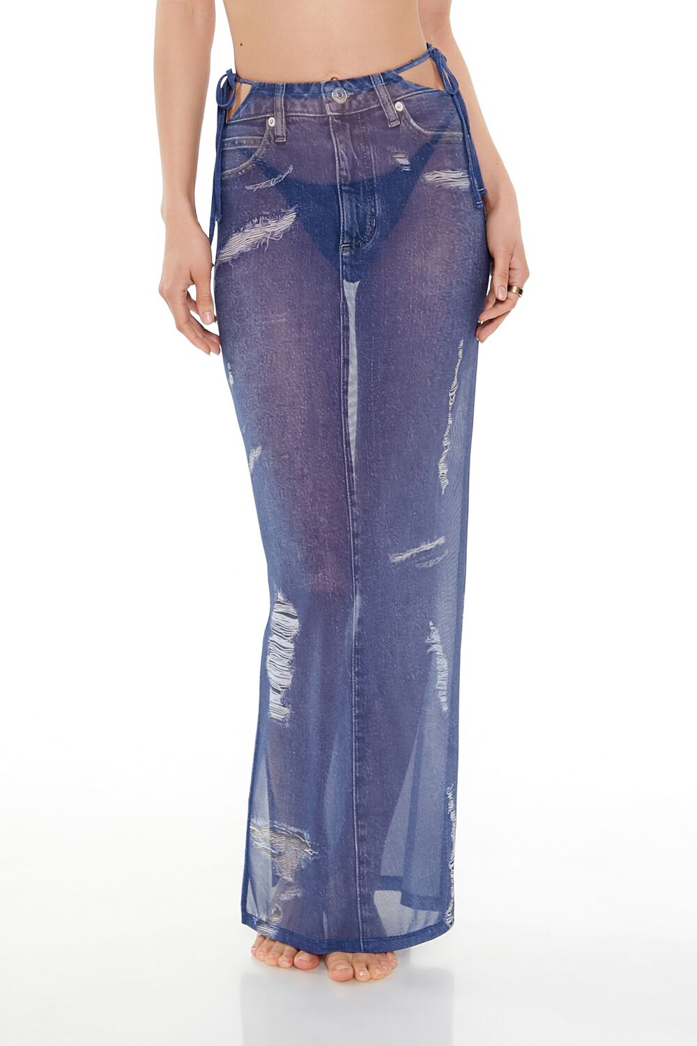 Printed Denim Cutout Maxi Swim Cover-Up Skirt