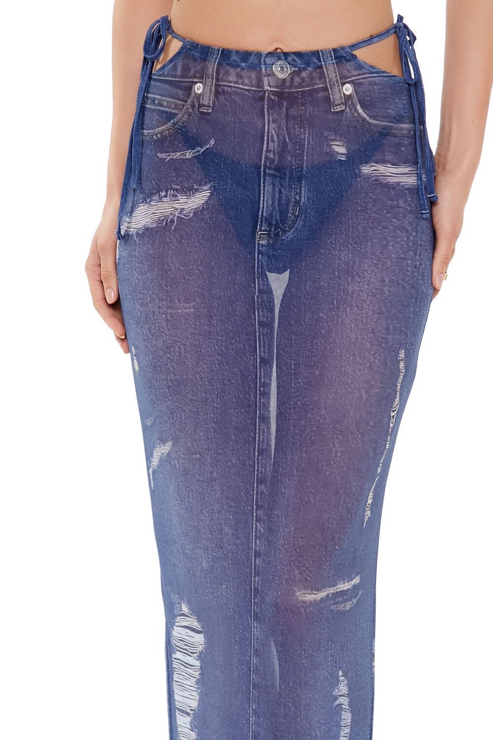 Printed Denim Cutout Maxi Swim Cover-Up Skirt