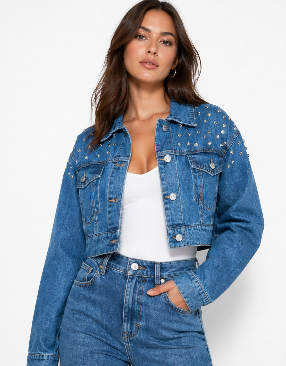 Cropped Rhinestone Denim Jacket