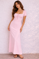 Puff-Sleeve Satin Maxi Dress
