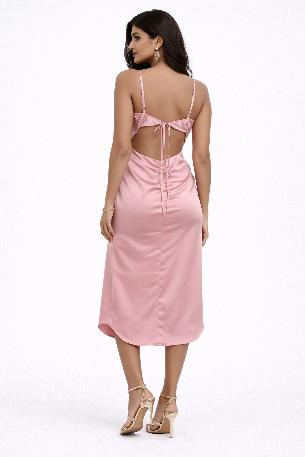 Ruched Satin Midi Dress With High Slit