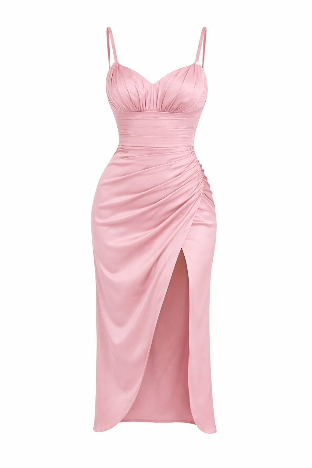 Ruched Satin Midi Dress With High Slit