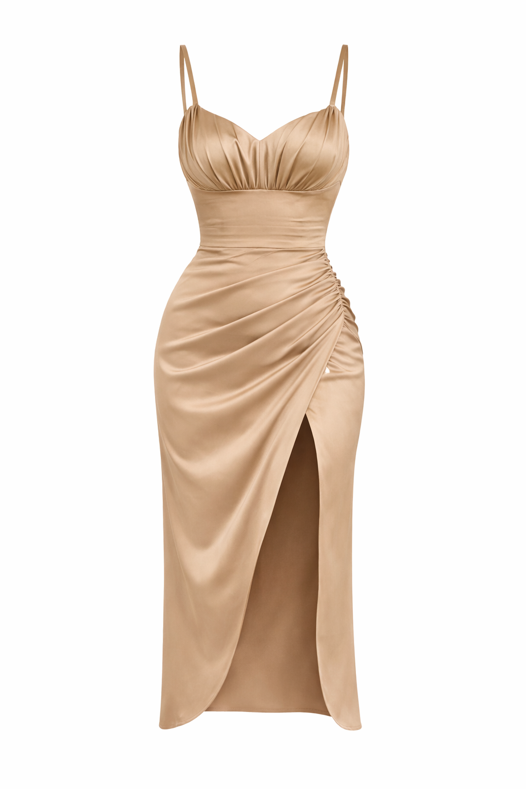 Ruched Satin Midi Dress With High Slit