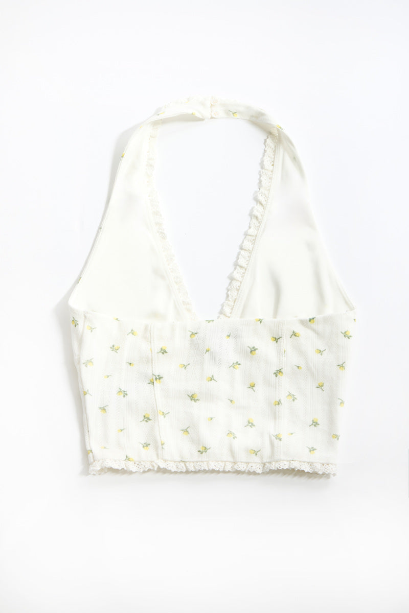 Floral Lace-Trim Halter Crop Top