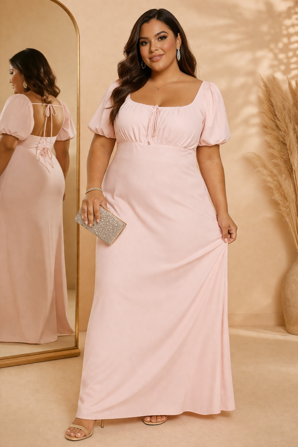 Plus Size Satin Puff-Sleeve Maxi Dress