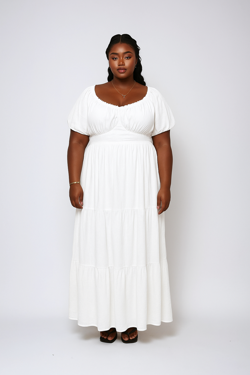 Plus Size Tiered Puff-Sleeve Maxi Dress