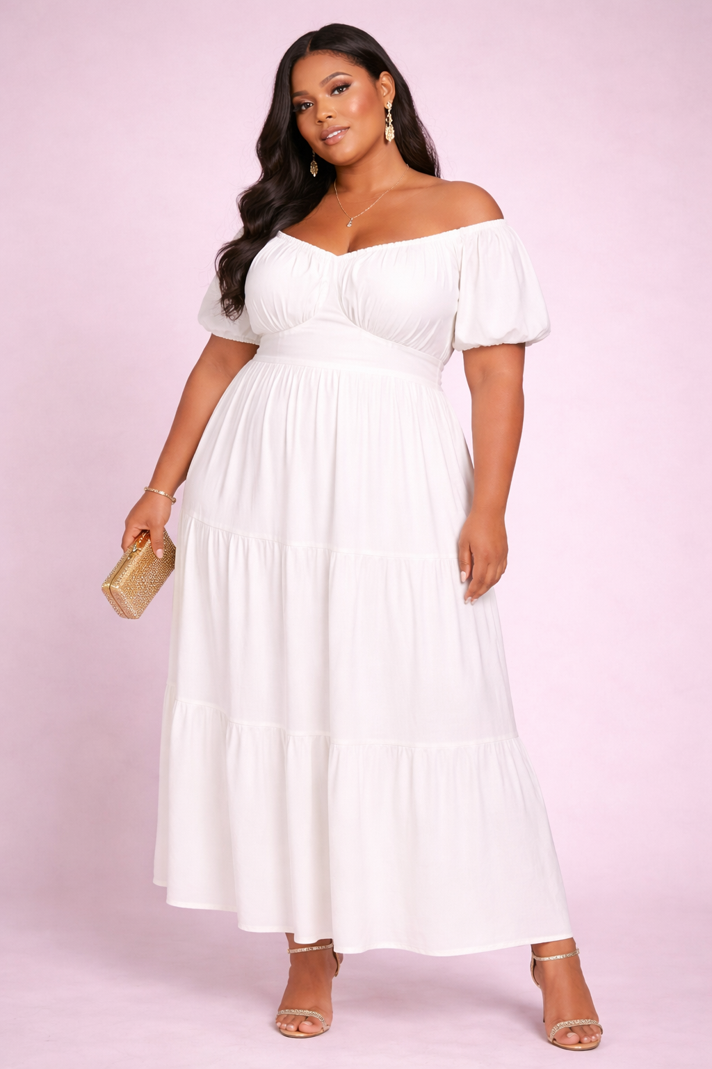Plus Size Tiered Puff-Sleeve Maxi Dress