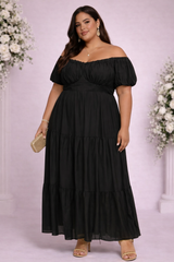 Plus Size Tiered Puff-Sleeve Maxi Dress